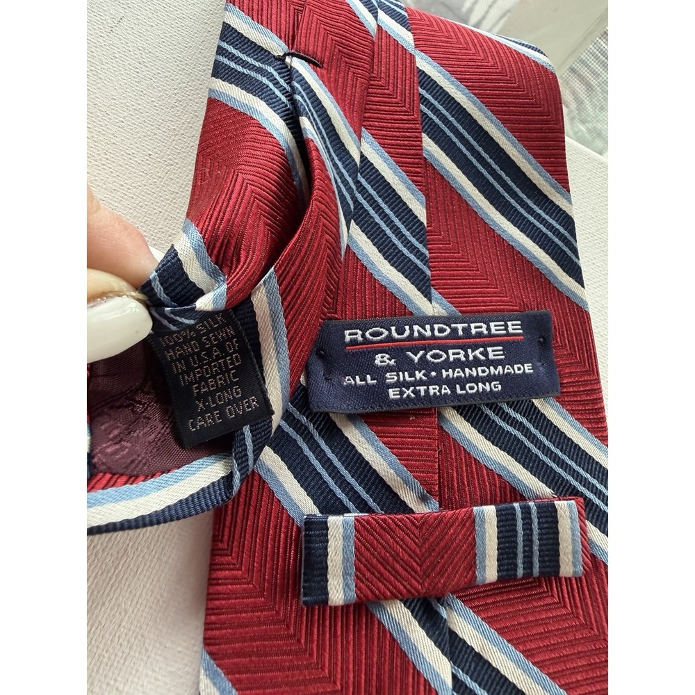 Roundtree & Yorke Extra Long Silk Neck Tie Red Blue Stripe Handmade 66" - Picture 3 of 5